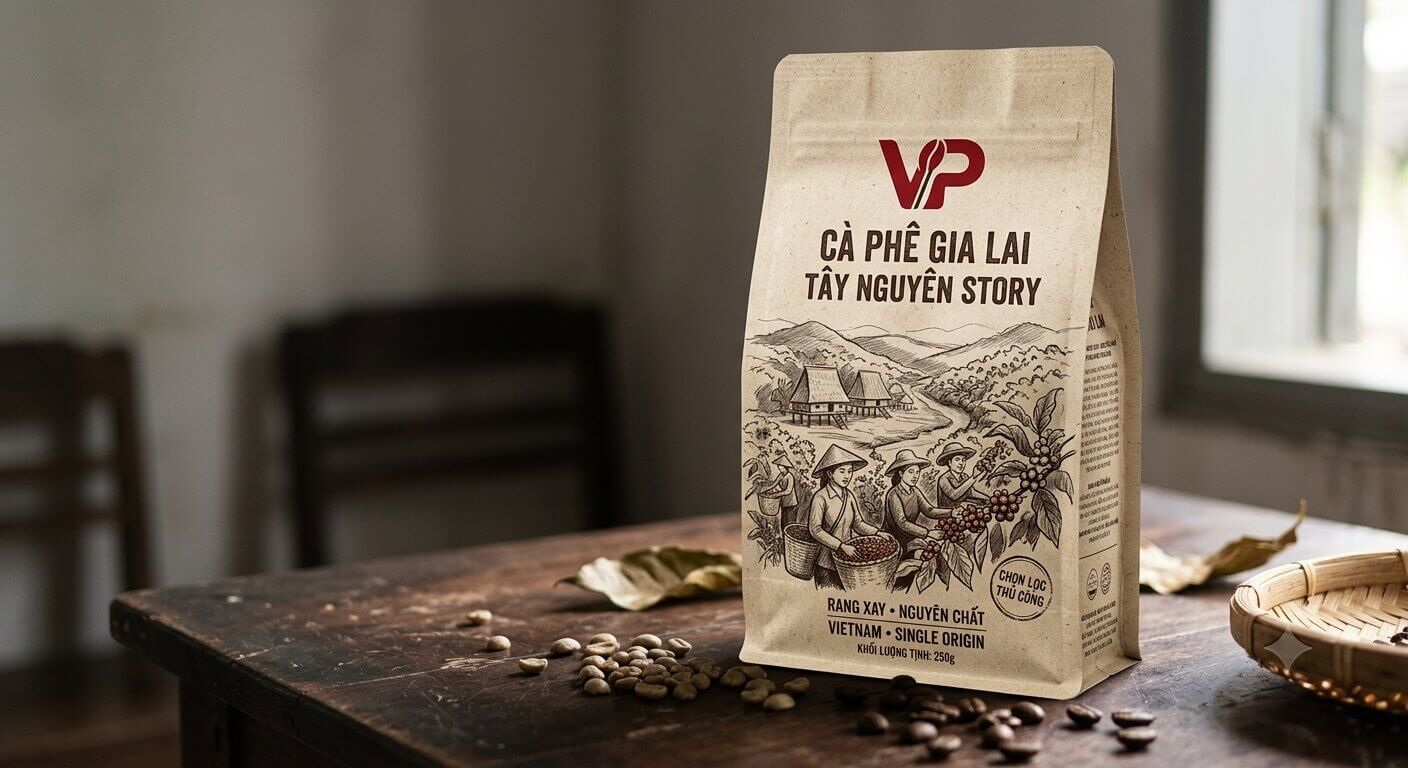 Túi cà phê giấy Kraft với phác thảo cảnh người nông dân thu hoạch cà phê Tây Nguyên