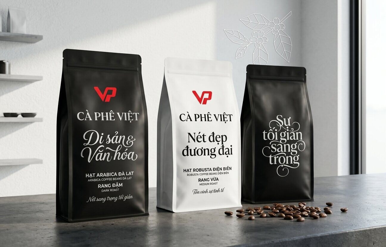 Bộ ba túi cà phê đứng với thiết kế tối giản trắng và đen, sử dụng typography nghệ thuật