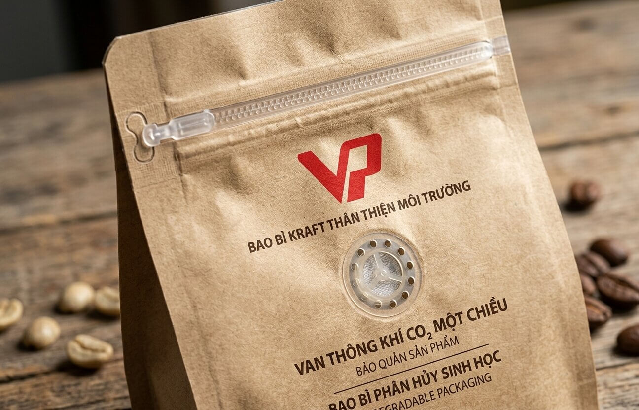 Cận cảnh van một chiều và khóa zipper trên bao bì cà phê giấy Kraft thân thiện môi trường