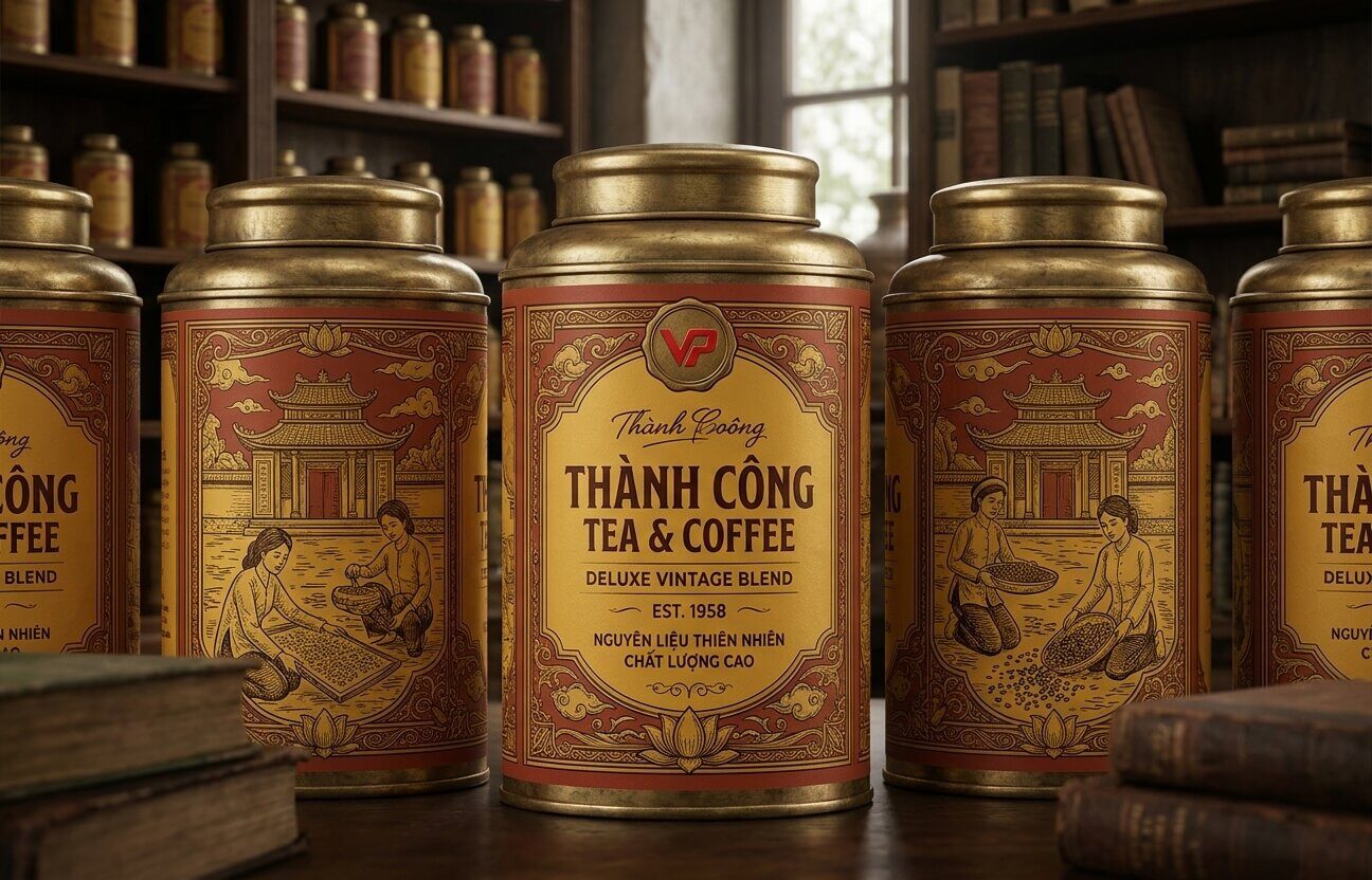 Các hộp kim loại đựng trà và cà phê phong cách Vintage trang trí tinh xảo trên kệ gỗ cổ điển