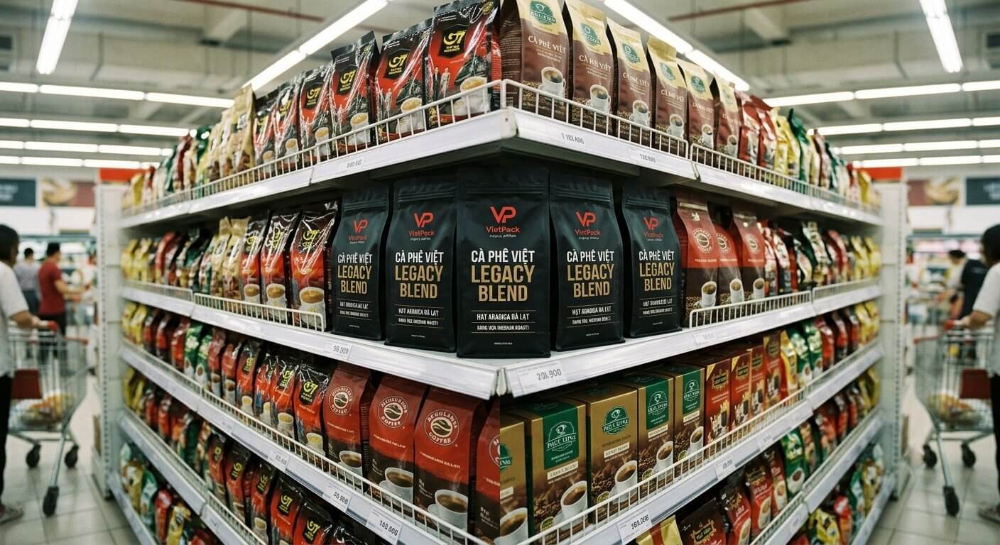 Góc kệ trưng bày nhiều loại bao bì cà phê Legacy Blend trong siêu thị lớn