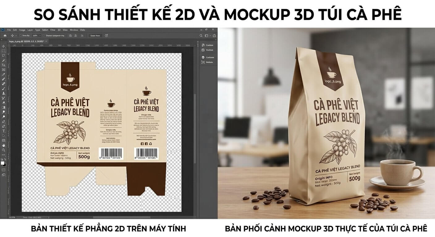 Bản so sánh giữa thiết kế phẳng 2D và bản phối cảnh Mockup 3D thực tế của túi cà phê