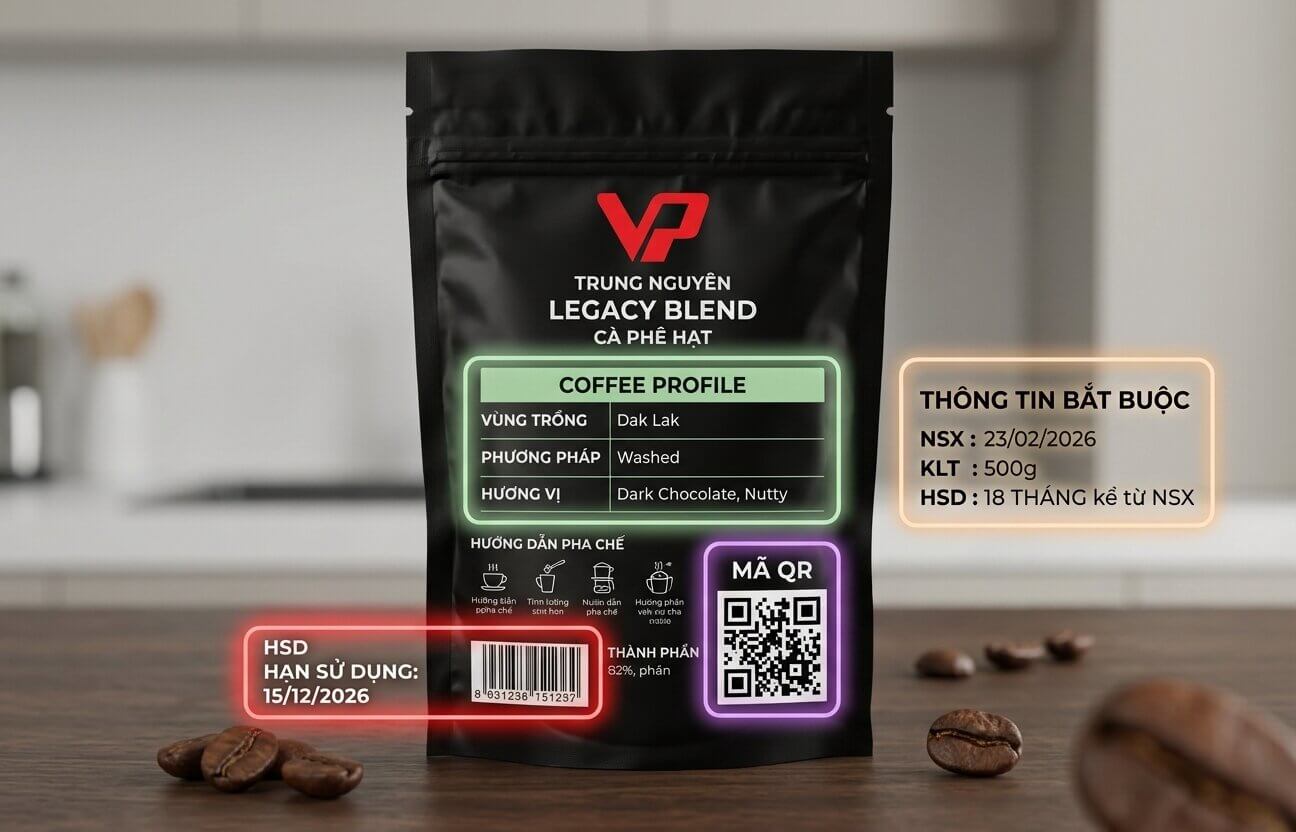 Mặt sau túi cà phê Trung Nguyên Legacy Blend với các vùng thông tin HSD, Mã QR, Coffee Profile được highlight