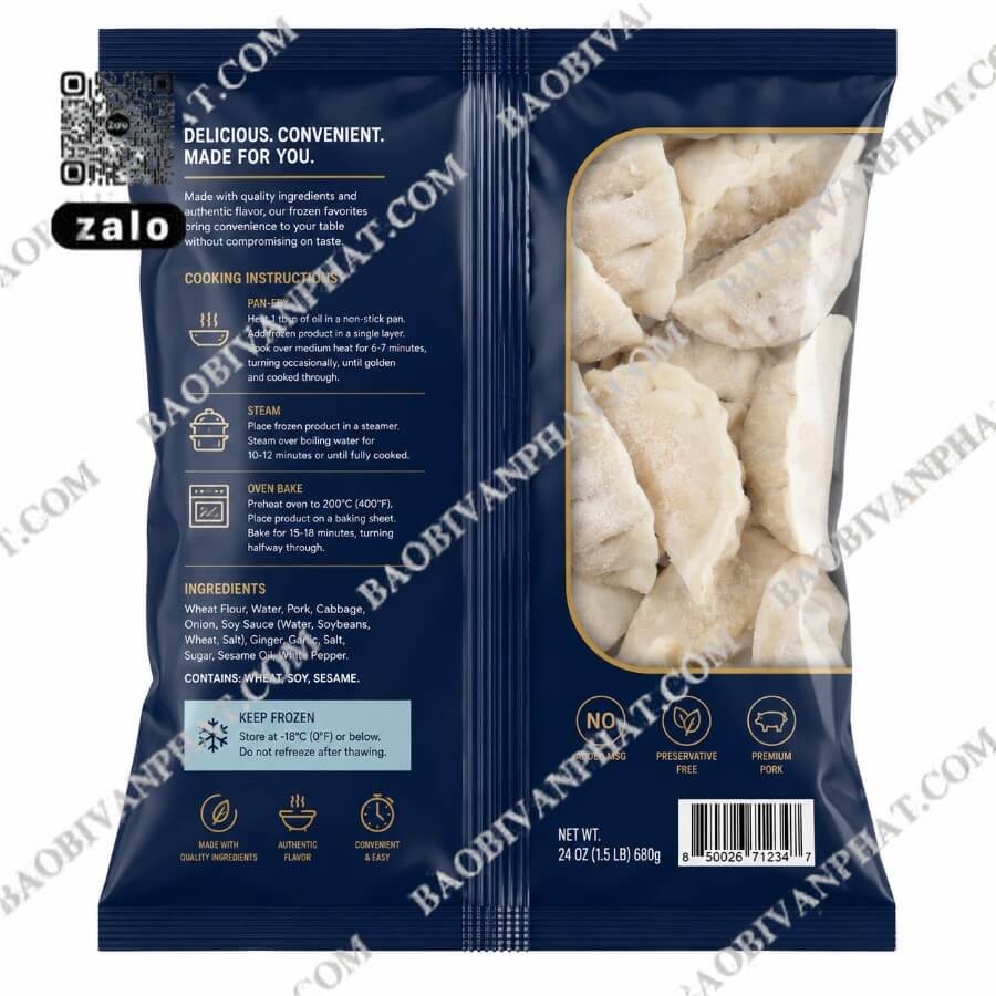 Bao bì đông lạnh in đầy đủ thông tin sản phẩm và hướng dẫn chế biến