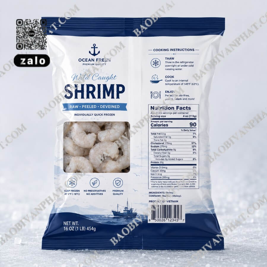 Bao bì tôm đông lạnh in thông tin sản phẩm và hướng dẫn bảo quản