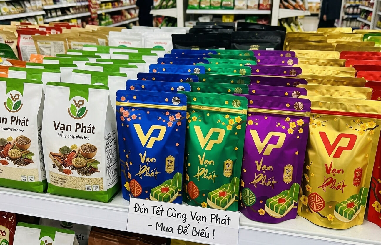 Các mẫu túi bao bì Tết Vạn Phát với thiết kế đa dạng màu sắc được trưng bày thu hút trên kệ hàng.