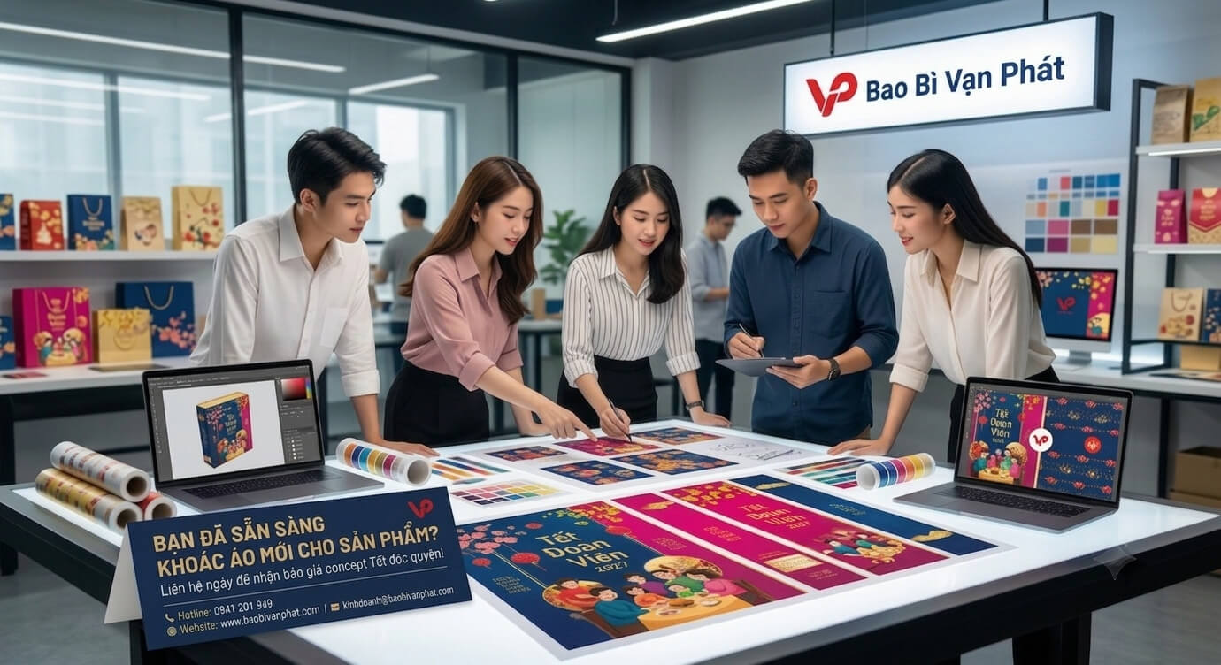 Đội ngũ thiết kế chuyên nghiệp của Bao Bì Vạn Phát đang làm việc tập trung để tạo ra các concept bao bì Tết độc quyền.