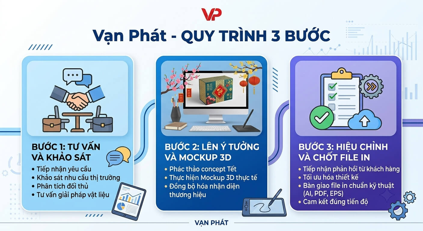 3 bước quy trình thiết kế bao bì chuyên nghiệp tại Bao Bì Vạn Phát: Tư vấn - Ý tưởng/Mockup - Hiệu chỉnh/Chốt file.