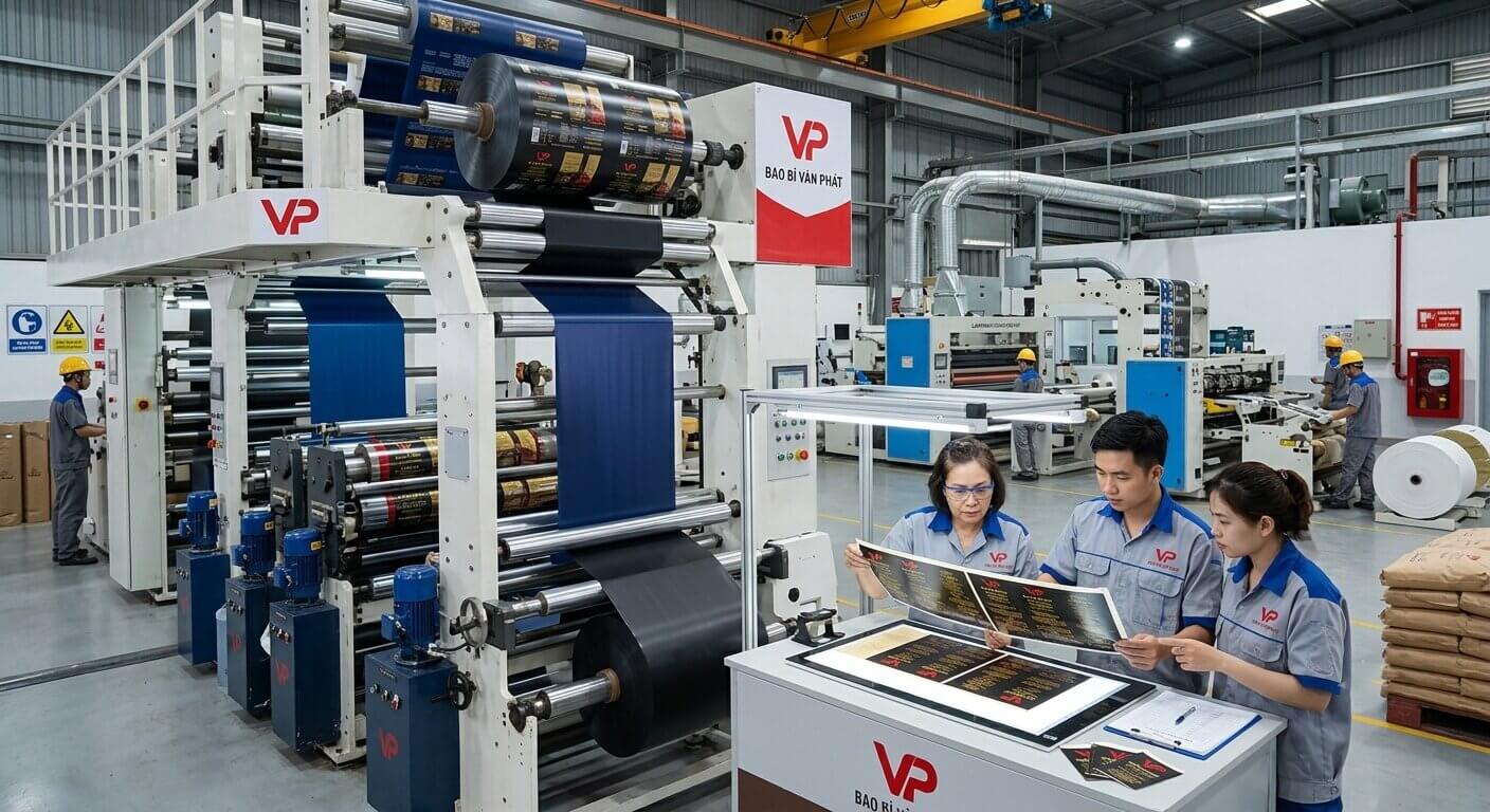 Nhân viên kiểm tra quy trình in trục ống đồng nhiều màu cho túi cà phê Bao Bì Vạn Phát trên máy in trục ống đồng công nghiệp