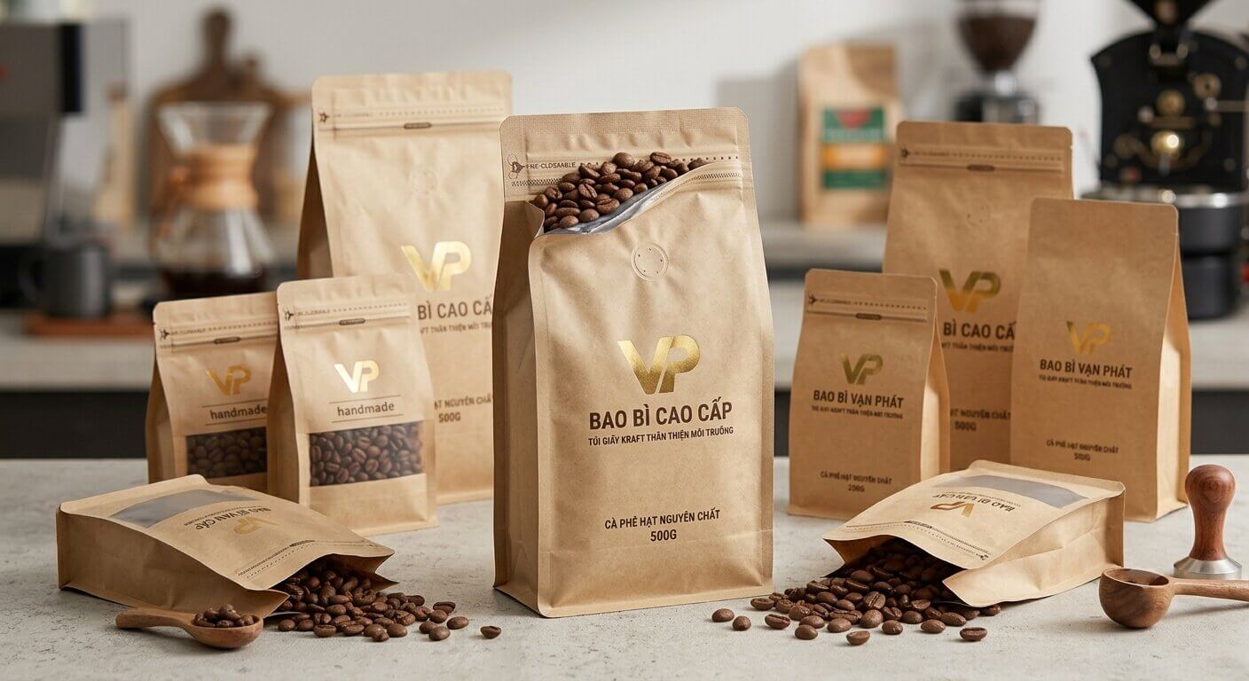 Túi giấy Kraft mộc mạc Bao Bì Vạn Phát đựng hạt cà phê nguyên chất, các túi có kích cỡ khác nhau