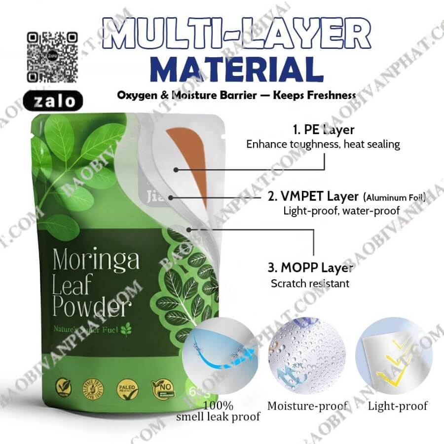 Cấu tạo bao bì đa lớp (PE, VMPET, MOPP) chống ẩm chống oxy hóa