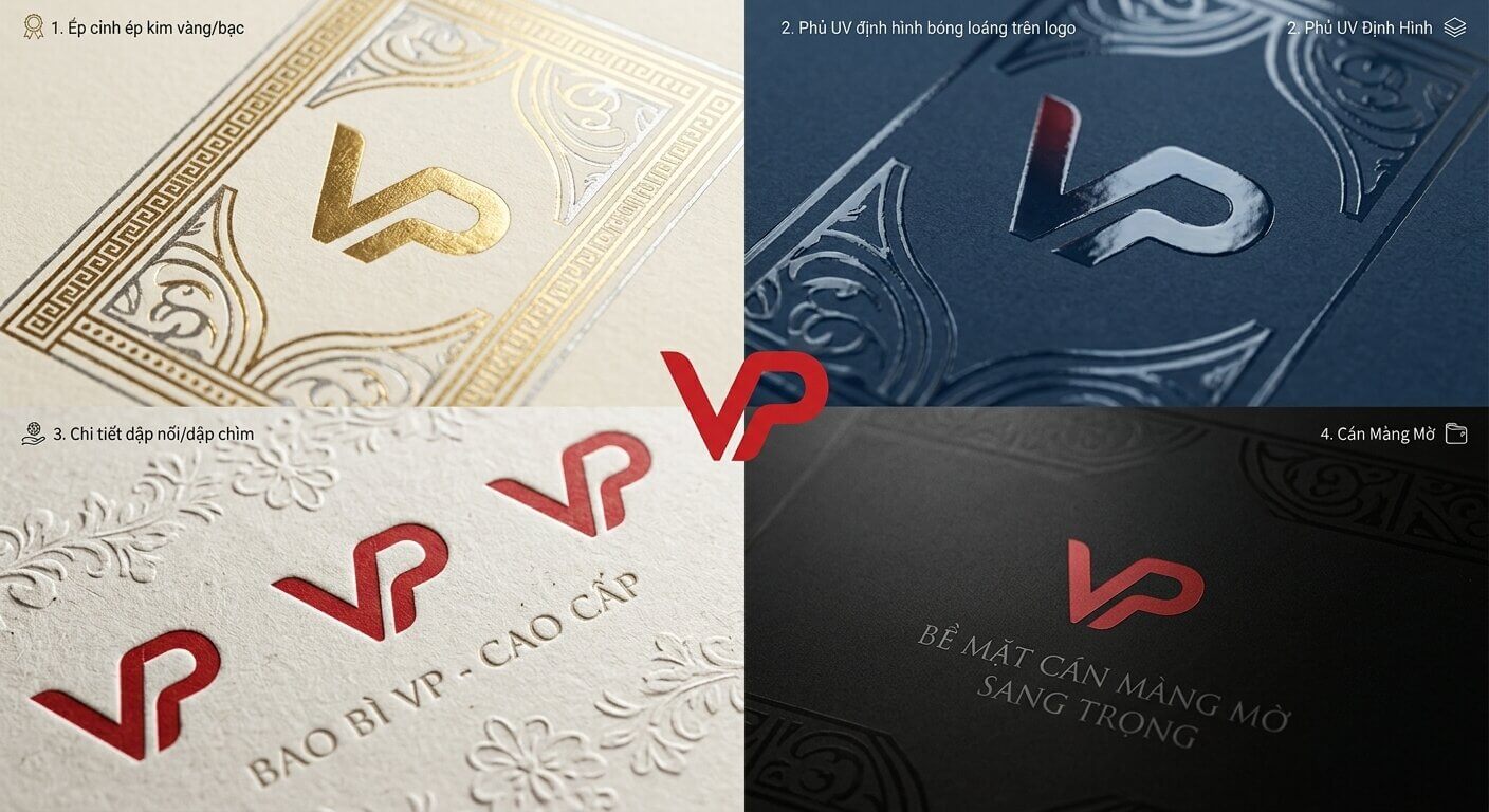 Các kỹ thuật gia công bao bì cao cấp như ép kim, phủ UV và dập nổi tại Vạn Phát