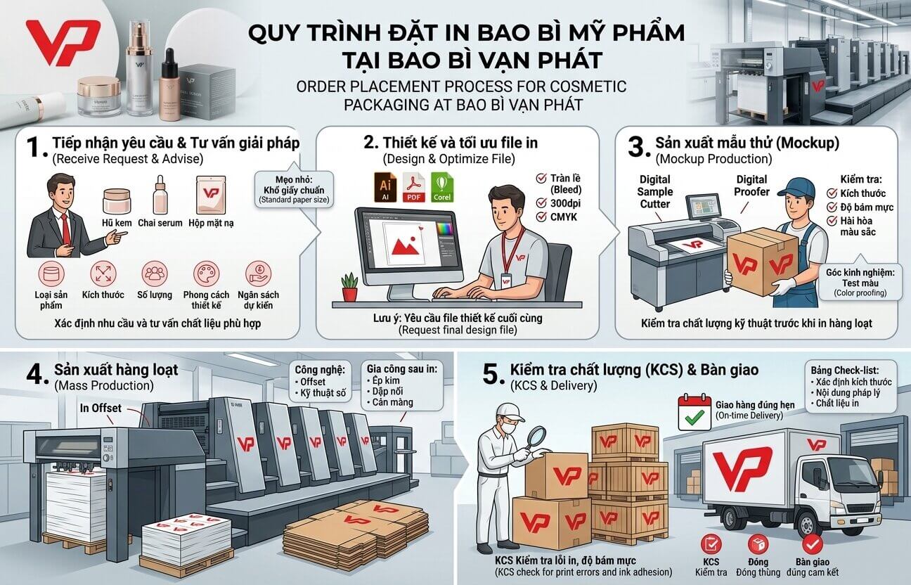 Quy trình 5 bước đặt in bao bì mỹ phẩm chuyên nghiệp tại Bao Bì Vạn Phát