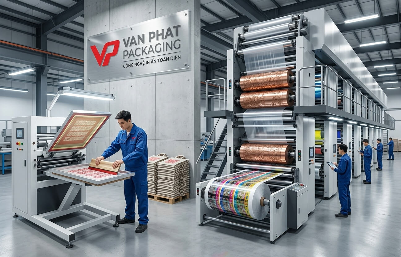 Công nghệ in trục đồng và in lụa tại xưởng in bao bì nhựa Vạn Phát