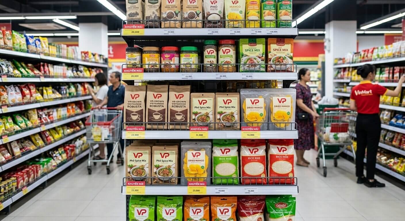 Sản phẩm bao bì thực phẩm Vạn Phát được trưng bày đẹp mắt trên kệ hàng siêu thị.