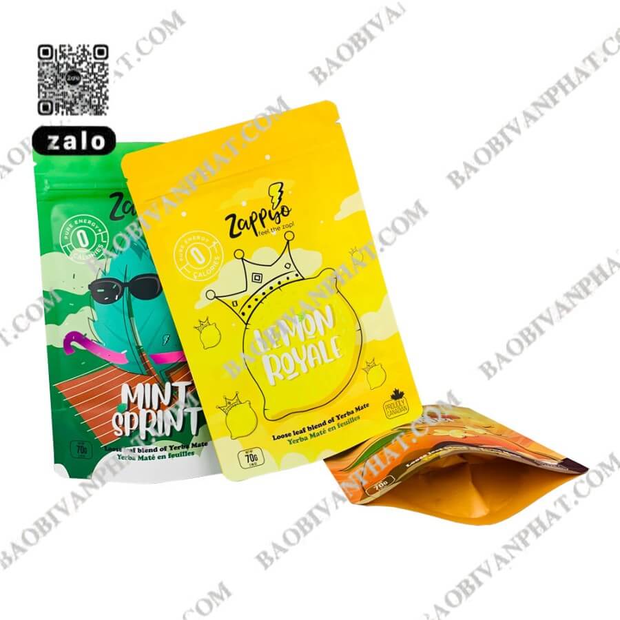 Mẫu túi zipper đáy đứng in nhiều màu vàng xanh cam