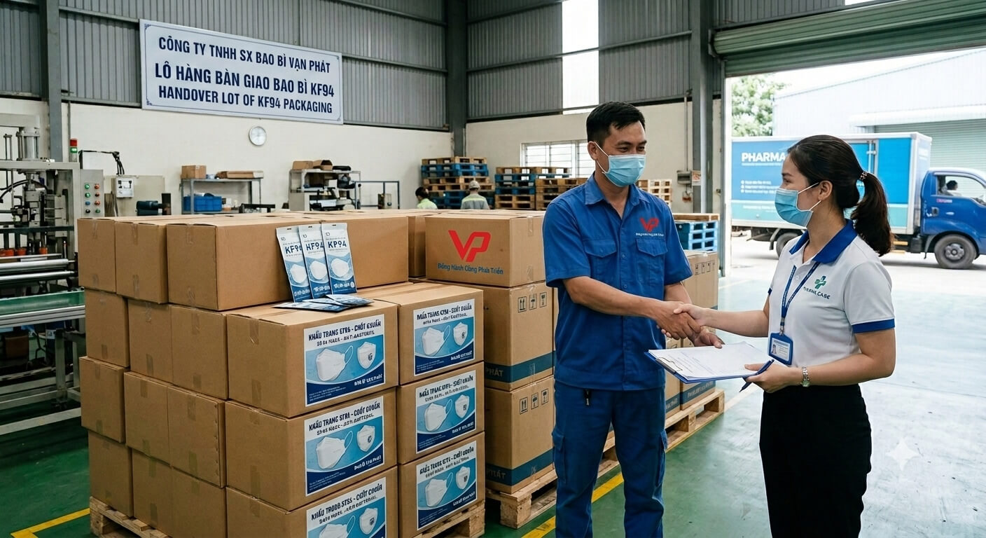 Bàn giao lô bao bì khẩu trang KF94 thành phẩm cho khách hàng