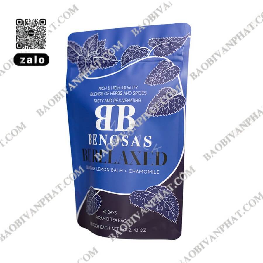 In bao bì sản phẩm túi trà Benosas dạng đứng màu xanh