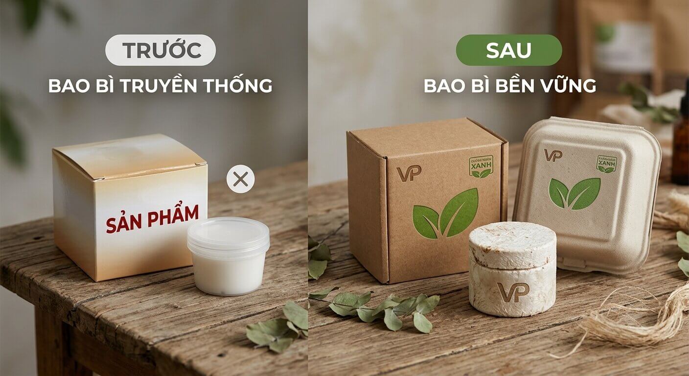 So sánh bao bì truyền thống và bao bì bền vững làm từ vật liệu tự nhiên.