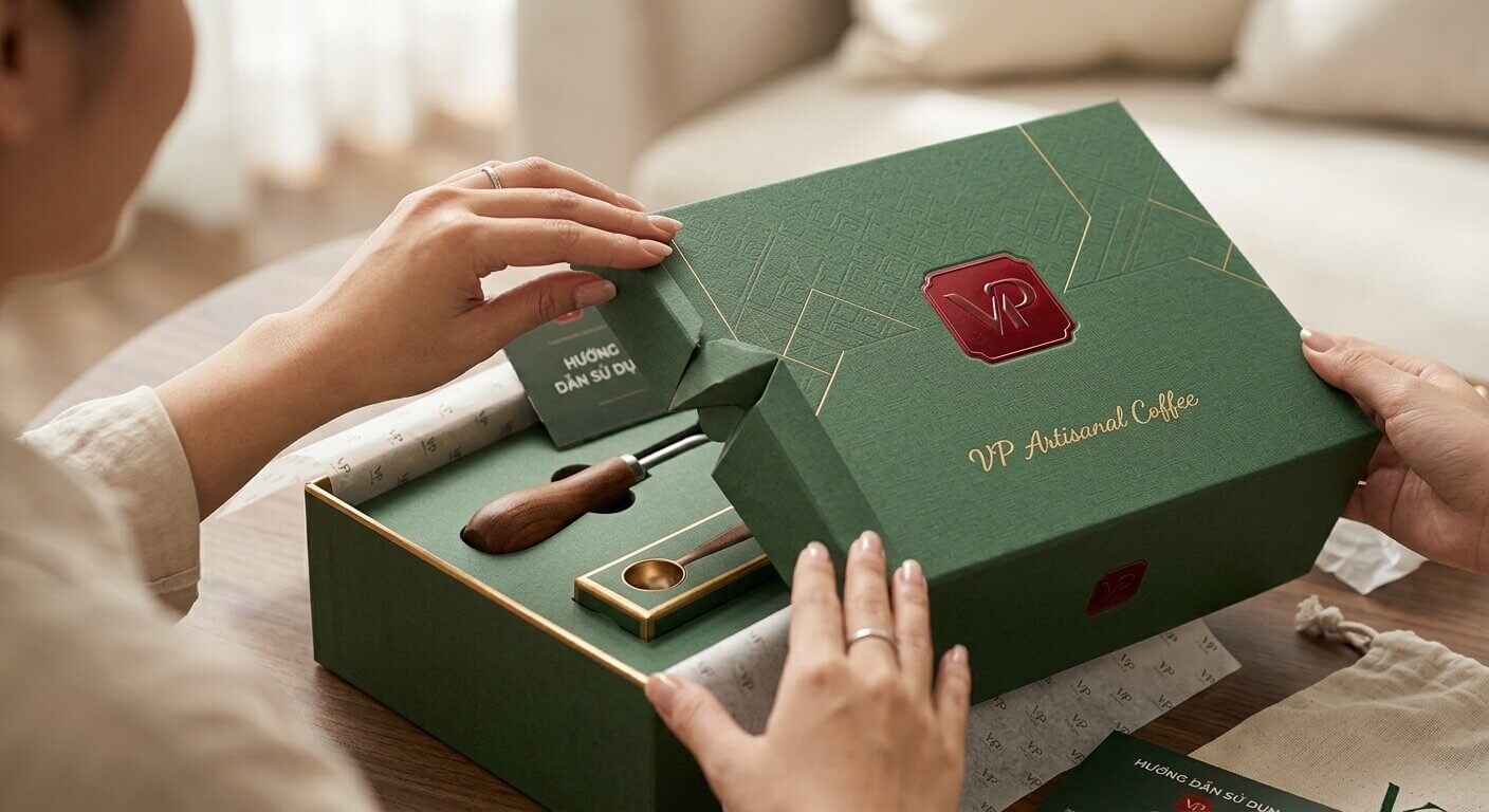 Khách hàng đang trải nghiệm mở hộp sản phẩm cao cấp (unboxing).