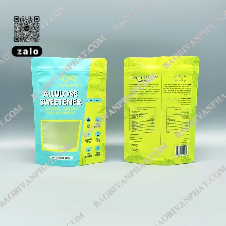 Bao bì màng đơn Allulose Sweetener thể hiện mặt trước và mặt sau túi