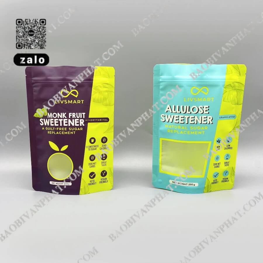 Hai mẫu bao bì màng đơn Monk Fruit Sweetener và Allulose Sweetener