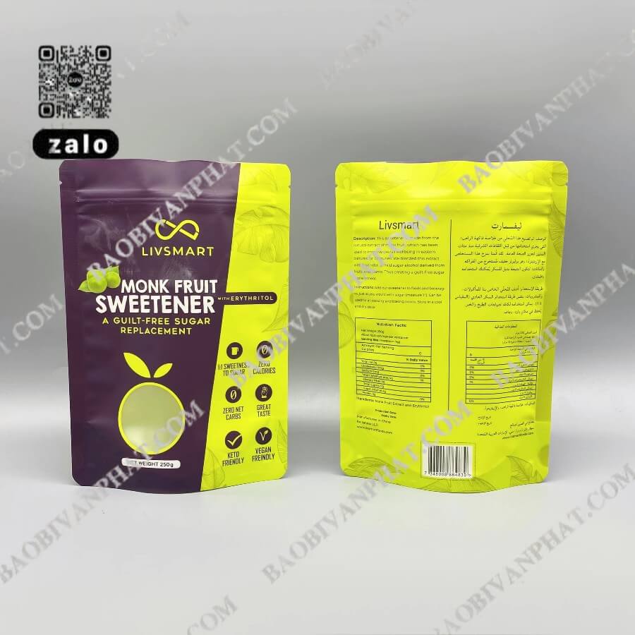 Bao bì Monk Fruit Sweetener mặt trước và mặt sau với thiết kế túi đứng