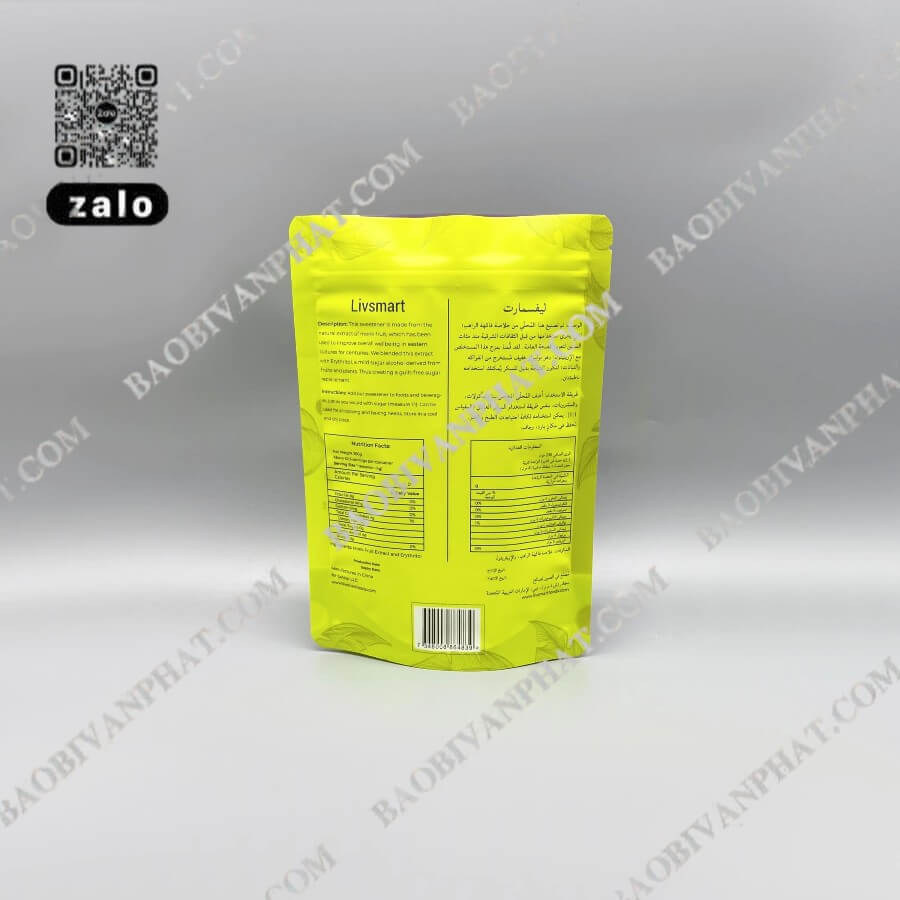 Mặt sau bao bì Allulose Sweetener với thông tin sản phẩm và mã vạch
