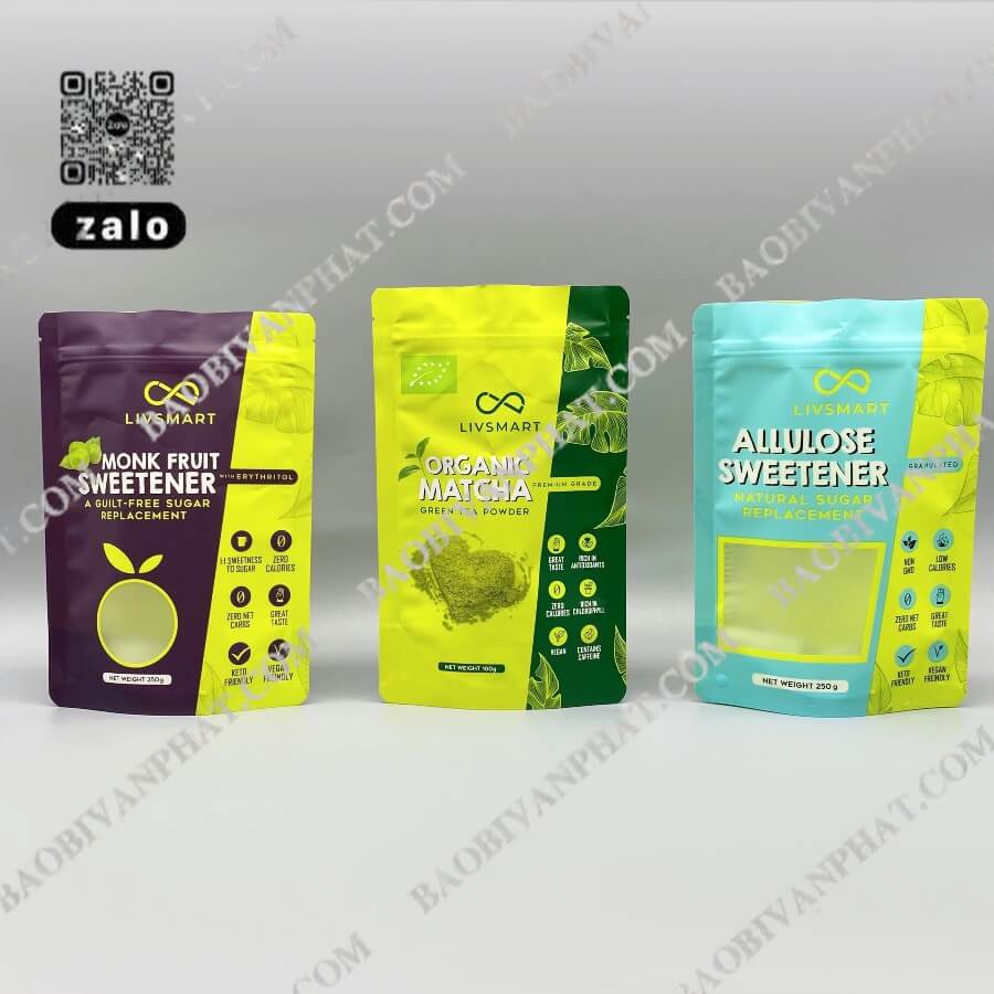 Các mẫu bao bì màng đơn in màu cho sản phẩm Monk Fruit, Matcha và Allulose