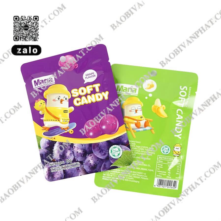 Mặt trước và mặt sau túi 3 biên với đầy đủ thông tin sản phẩm, dinh dưỡng và mã vạch.