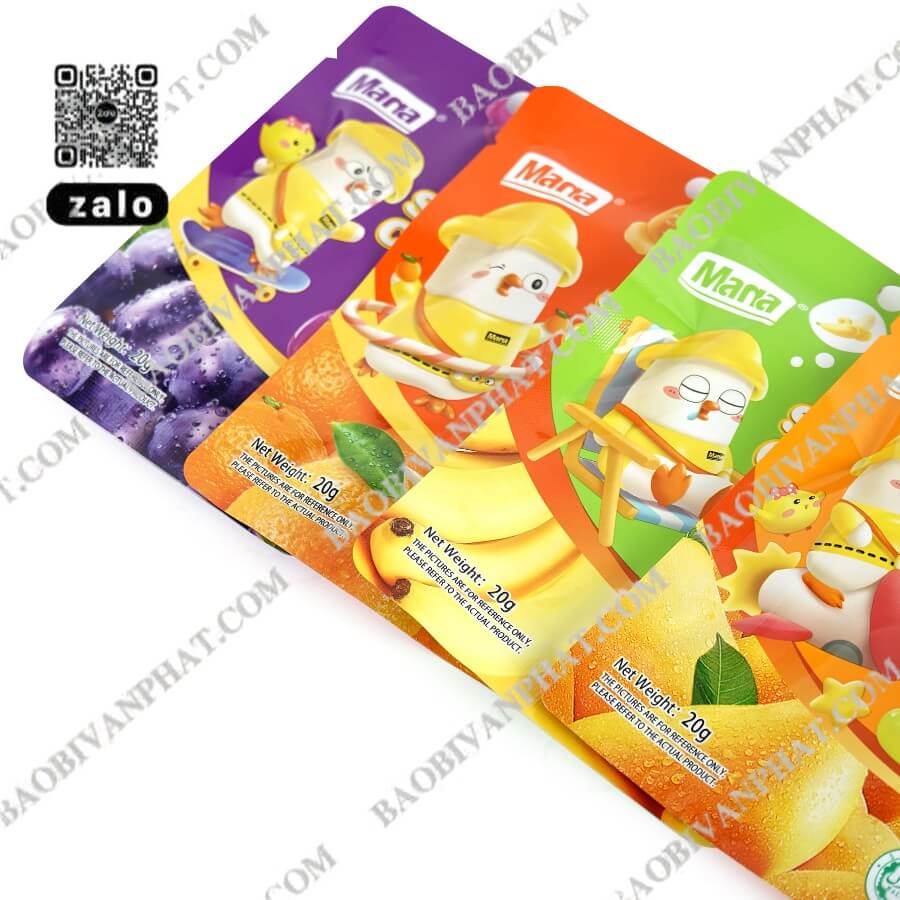 Túi 3 biên nhiều màu sắc dùng đóng gói kẹo dẻo với thiết kế bắt mắt, chất liệu màng ghép in sắc nét.