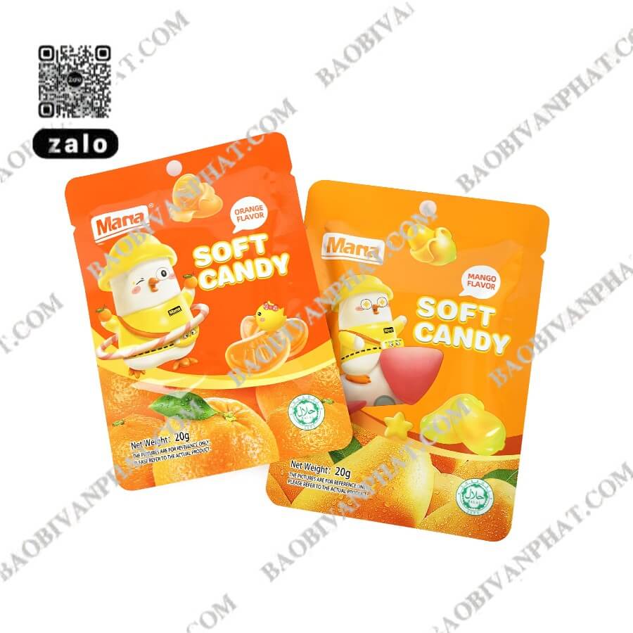 Túi 3 biên đựng kẹo dẻo thiết kế khóa zip tiện lợi, in ấn nổi bật giúp tăng giá trị sản phẩm.