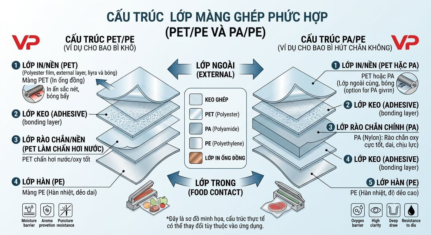 Sơ đồ minh họa cấu trúc các lớp màng ghép phức hợp (PET/PE và PA/PE) dùng cho bao bì thực phẩm.