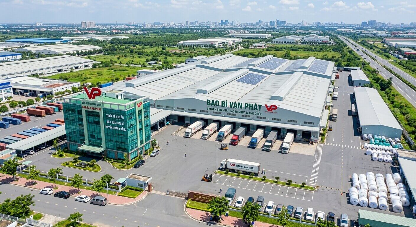 Hình ảnh chụp từ trên cao toàn cảnh công ty Bao Bì Vạn Phát, bao gồm tòa nhà văn phòng và nhà xưởng quy mô lớn.