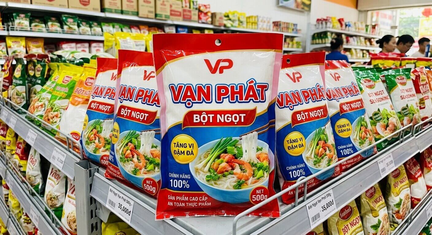Túi đựng bột ngọt Vạn Phát (loại 500g) được trưng bày nổi bật trên kệ hàng siêu thị.