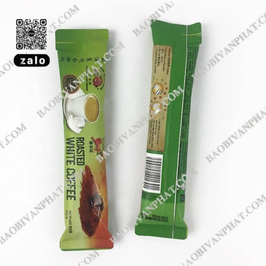 Mặt trước và mặt sau túi đựng cà phê hòa tan gói 20gr hàn lưng giữa