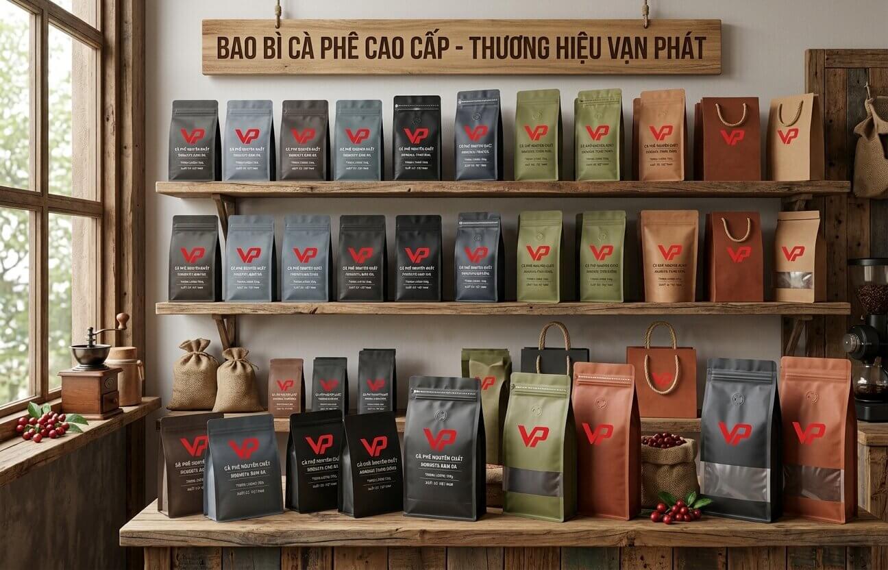 Phòng trưng bày sang trọng với nhiều kệ gỗ chứa đa dạng các mẫu bao bì cà phê cao cấp thương hiệu Vạn Phát.