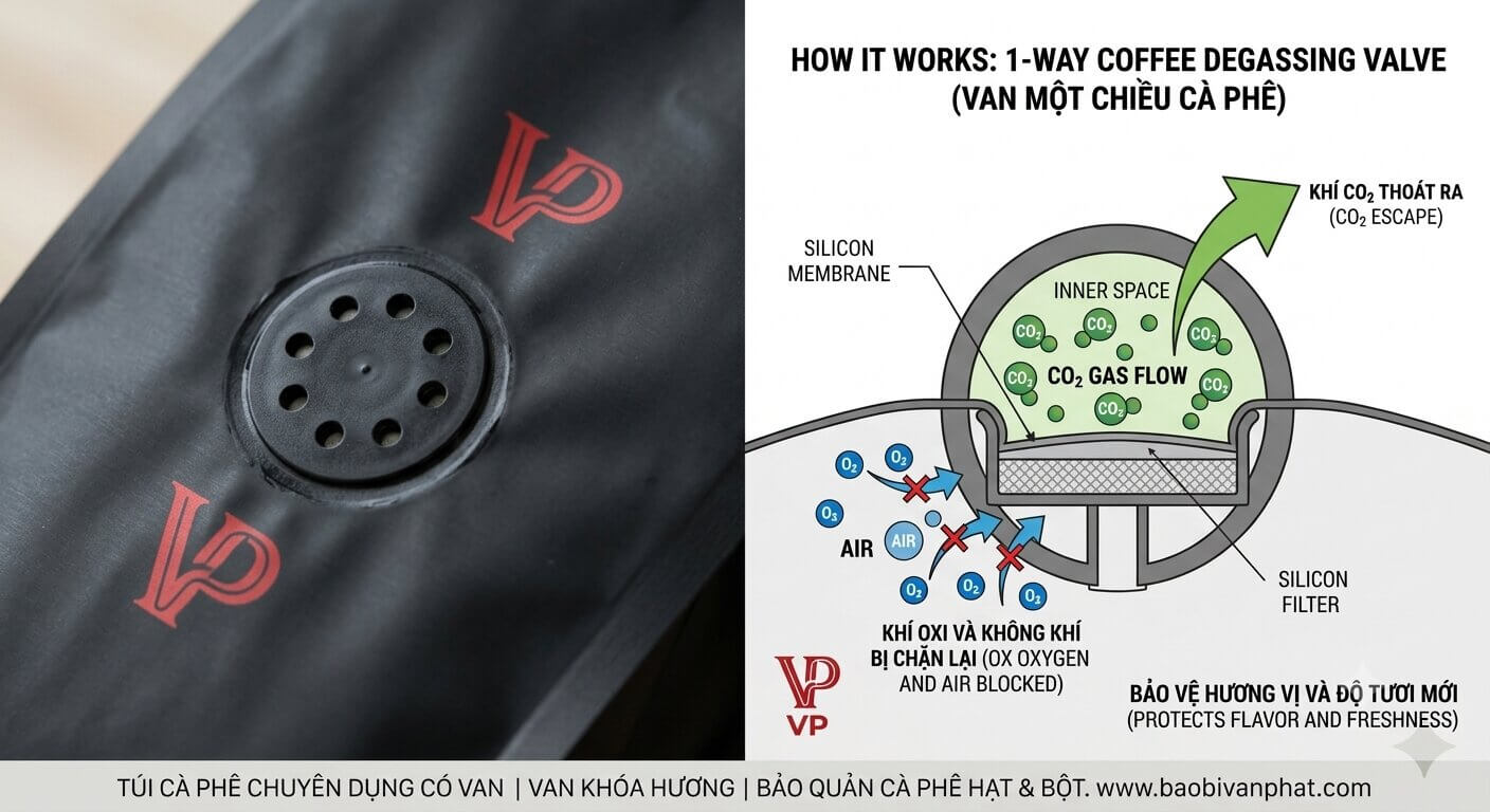 Sơ đồ kỹ thuật giải thích nguyên lý hoạt động của van degassing một chiều trên túi cà phê thương hiệu Vạn Phát