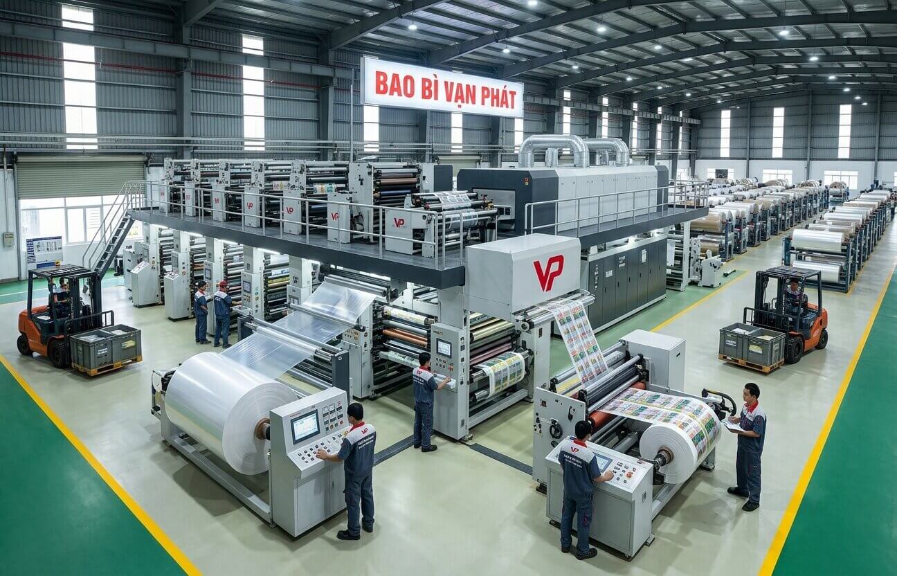 Toàn cảnh xưởng sản xuất Bao Bì Vạn Phát với hệ thống máy in ống đồng công nghiệp quy mô lớn, hiện đại và sạch sẽ.