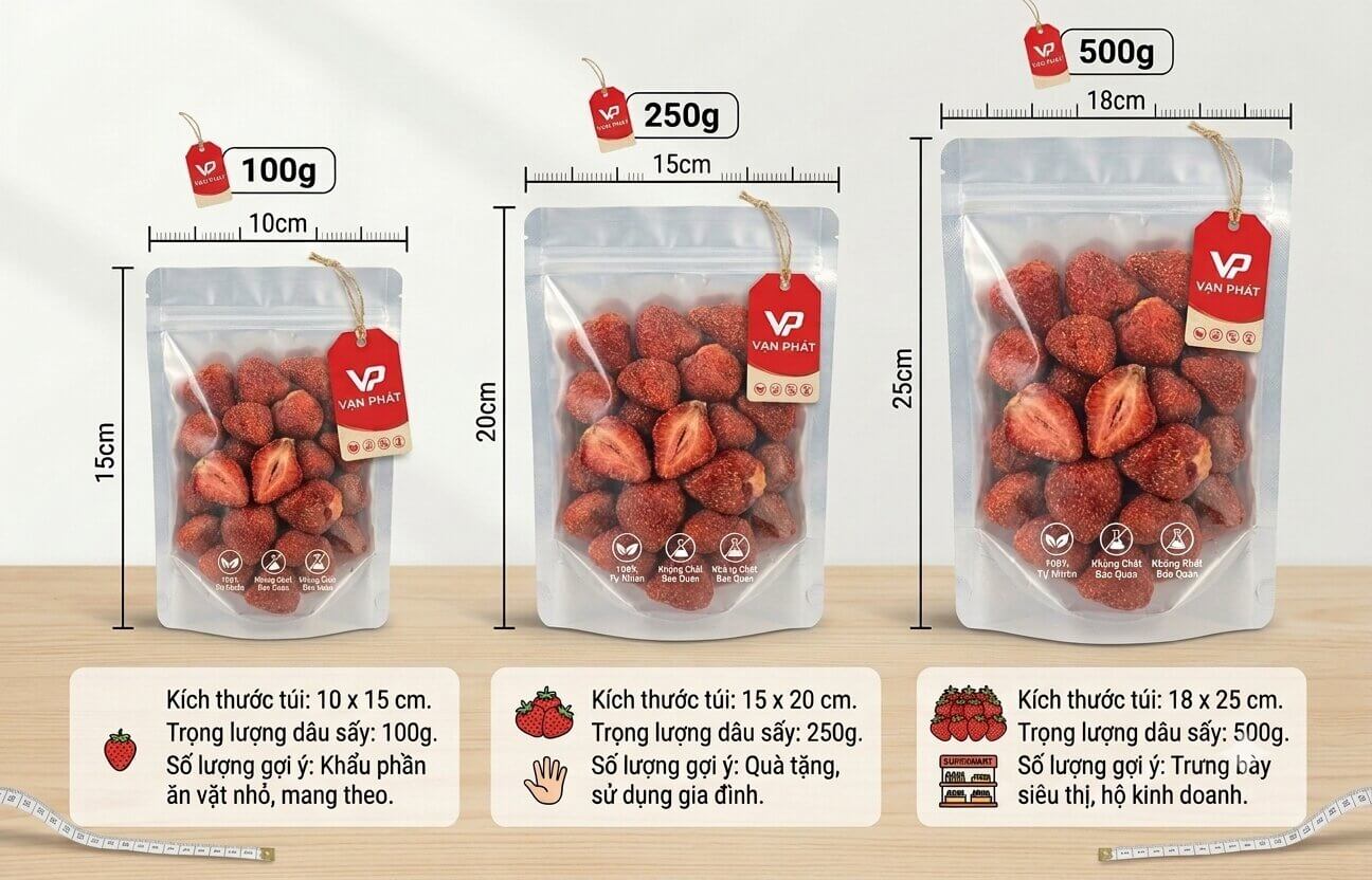 Một biểu đồ so sánh trực quan các kích thước túi zipper cho trọng lượng dâu sấy 100g, 250g và 500g, với các kích thước cm và mô tả gợi ý.