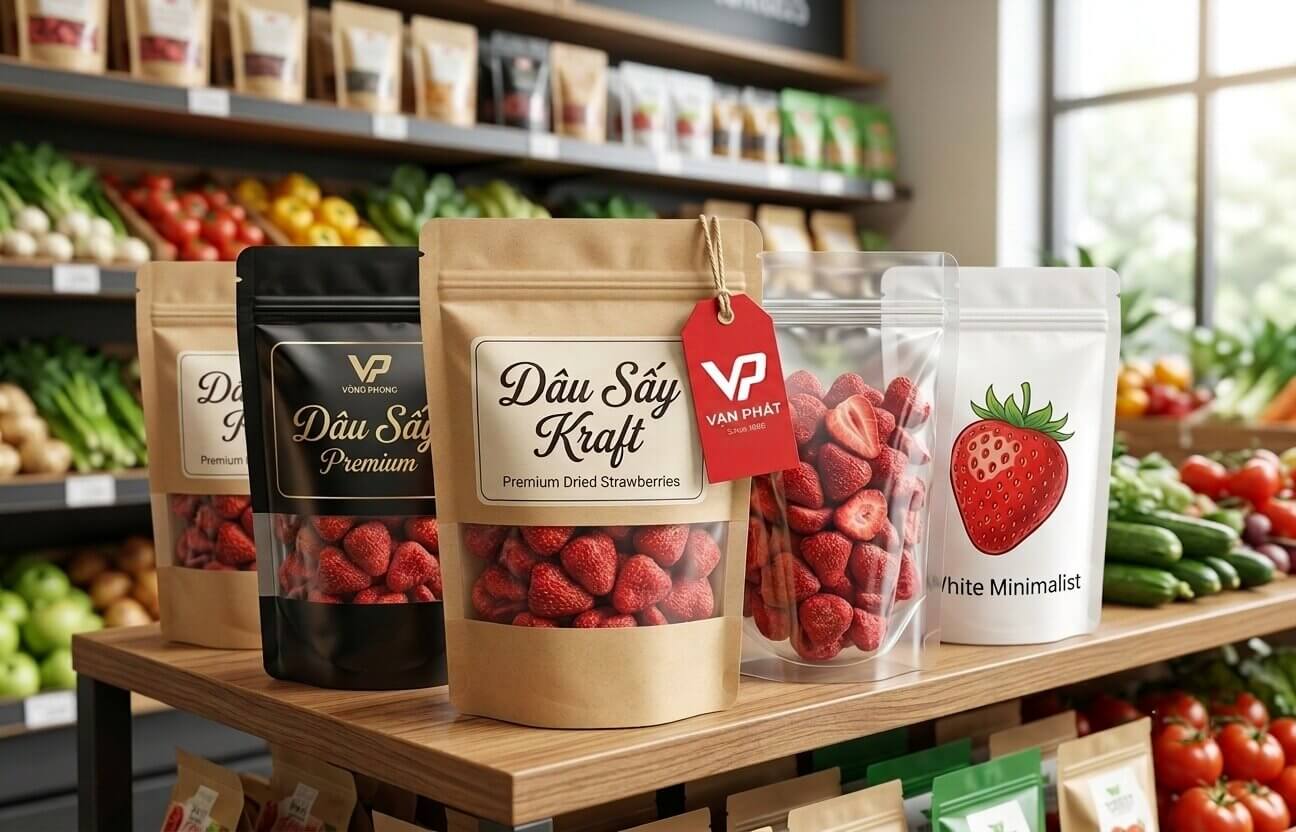 Bốn túi zipper đựng dâu sấy (Kraft, Premium, Clear View, White Minimalist) được trưng bày trên kệ siêu thị giữa các loại rau củ tươi như cà chua và dưa leo.