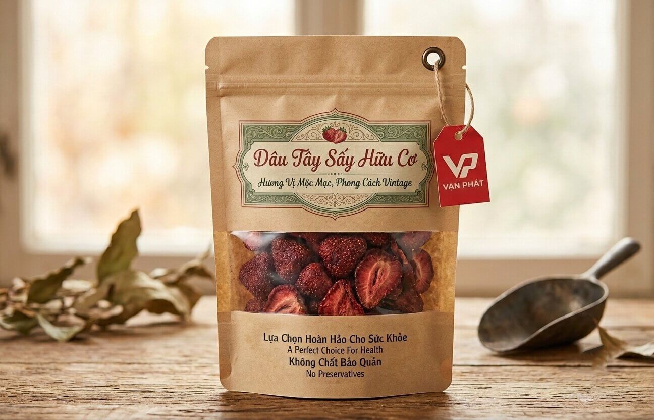 Một túi Kraft mộc mạc đựng dâu tây sấy hữu cơ theo phong cách vintage, với thìa đong dâu trên bàn bếp bằng gỗ.
