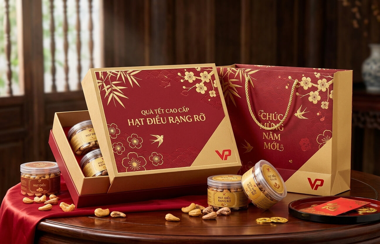 Bộ hộp quà Tết và túi xách hạt điều rang muối cao cấp màu đỏ sang trọng