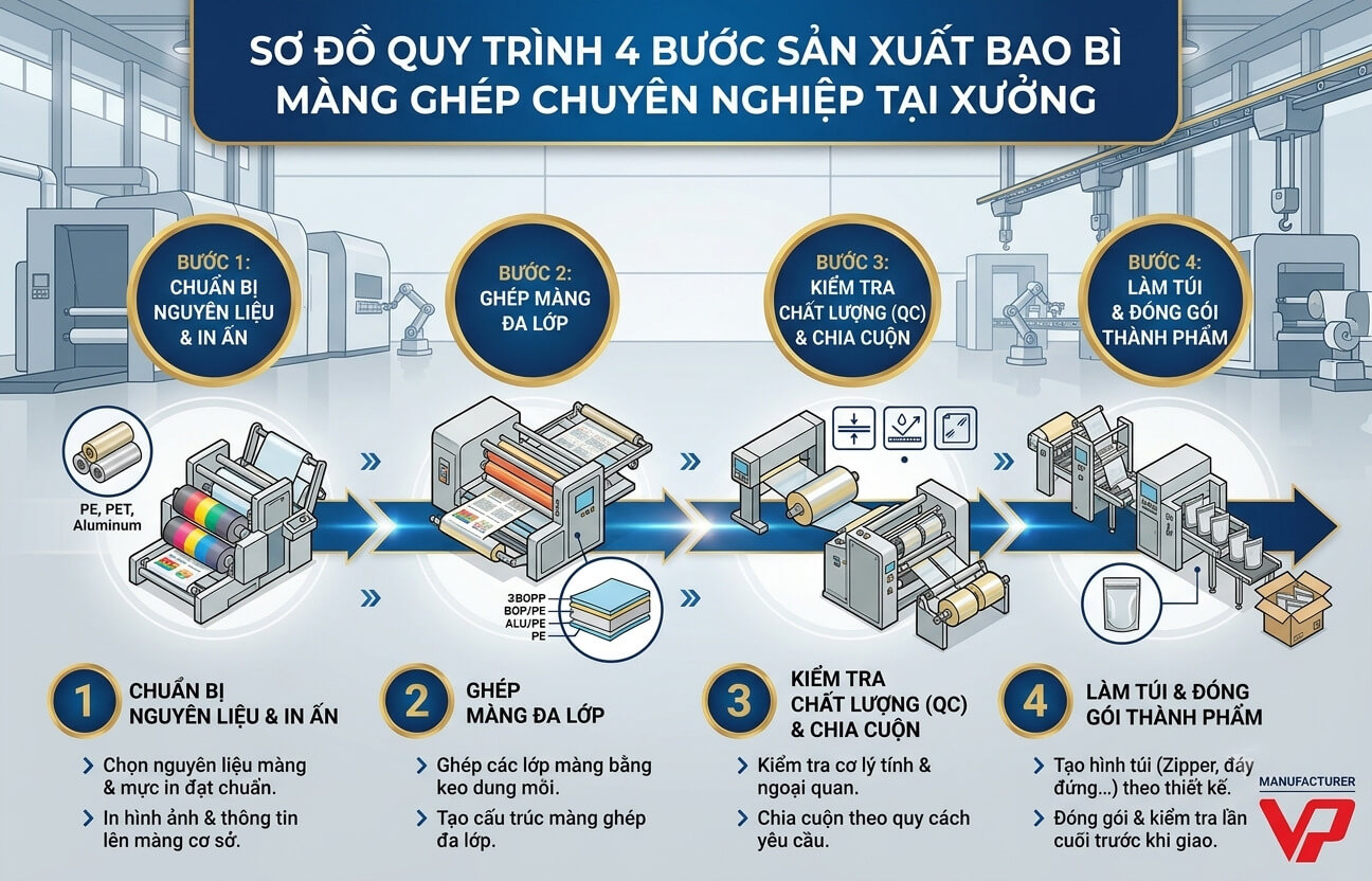 Sơ đồ quy trình 4 bước sản xuất bao bì màng ghép chuyên nghiệp tại xưởng