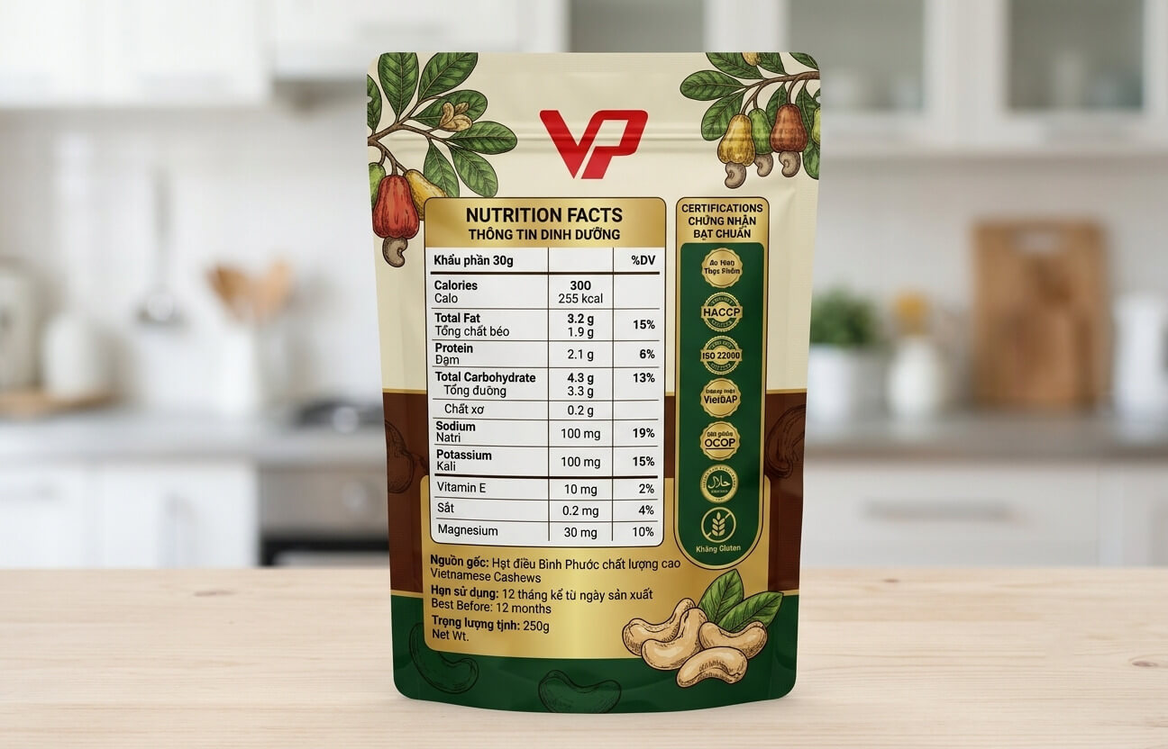 Thiết kế mặt sau bao bì hạt điều hiển thị thông tin dinh dưỡng và các chứng nhận chất lượng