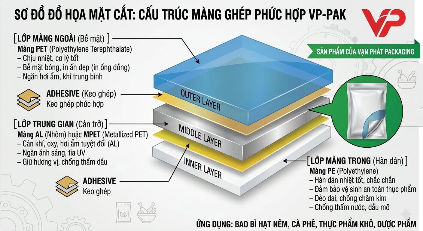 Sơ đồ đồ họa mặt cắt mô tả các lớp của màng ghép phức hợp VP-PAK: lớp màng ngoài (PET), lớp keo ghép, lớp trung gian (AL/MPET), và lớp màng trong (PE) kèm chức năng của từng lớp.
