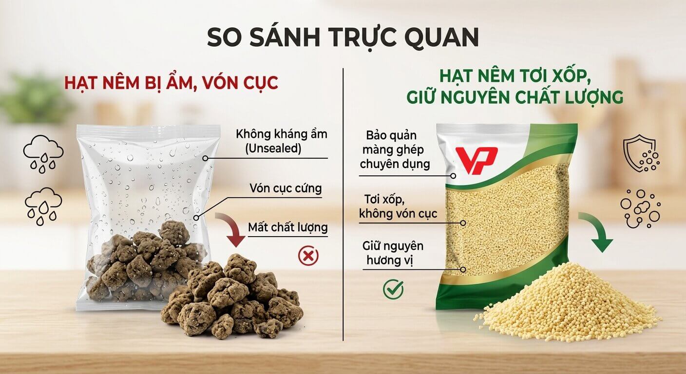 so sánh trực quan hạt nêm bị vón cục trong túi nilon thường (trái) và hạt nêm tơi xốp, giữ nguyên chất lượng trong túi màng ghép phức hợp Vạn Phát (phải).
