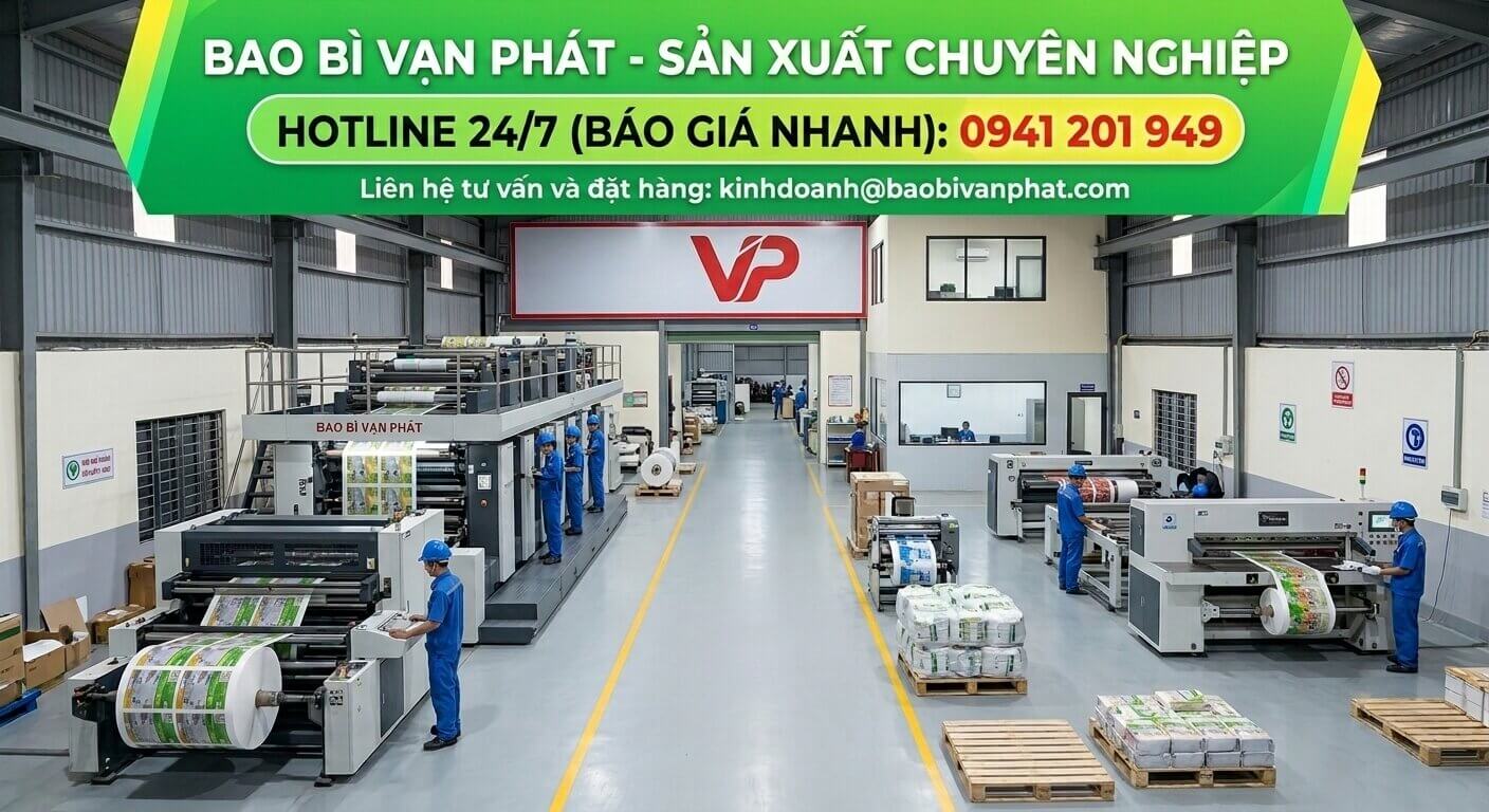 Toàn cảnh nhà xưởng in ấn bao bì màng ghép phức hợp hiện đại của Bao bì Vạn Phát, với các máy in ống đồng công suất lớn đang hoạt động.