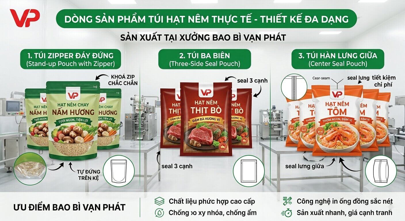Tổng quan 3 dòng túi hạt nêm phổ biến của Bao bì Vạn Phát: túi zipper đáy đứng nấm hương, túi ba biên hạt nêm thịt bò, và túi hàn lưng giữa hạt nêm tôm.