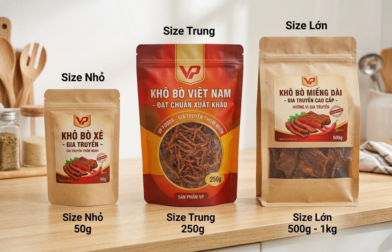 So sánh trực quan 3 size túi đựng khô bò cạnh nhau gồm size nhỏ 50g, size trung 250g và size lớn 500g